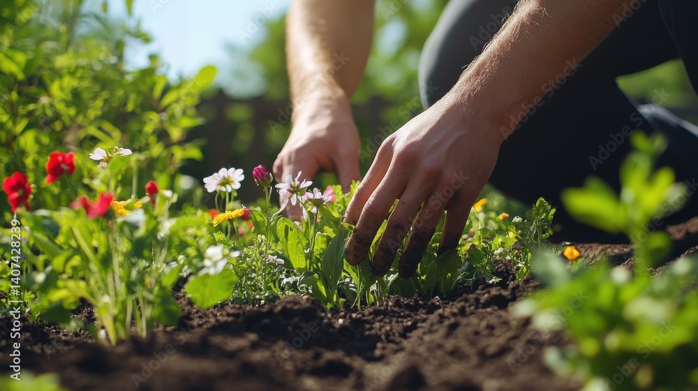 Fototapeta premium Landscaper planting flowers in garden bed. Featuring care and precision