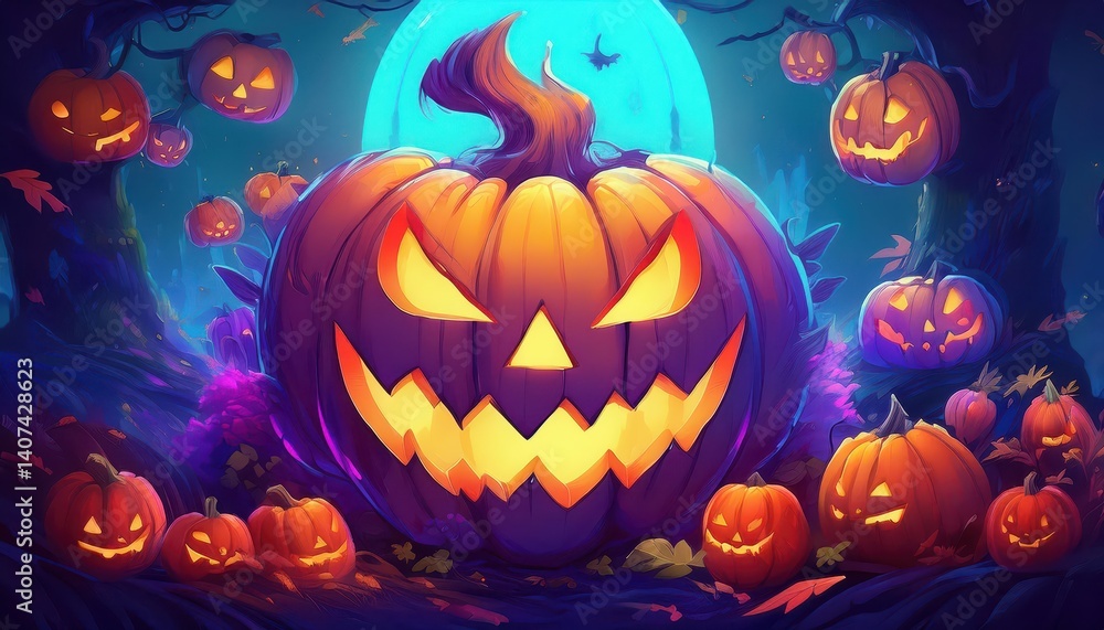 Enthralling AnimeInspired Jack OLanterns illuminating a Spooktacular Halloween Scene, surrounded by an abundance of Glowing Pumpkins in a Vibrant Autumnal Forest. Enthralling AnimeInspired Jack OLanterns illuminating a Spooktacular Halloween Scene, surrounded by an abundance of Glowing Pumpkins in a Vibrant Autumnal Forest.