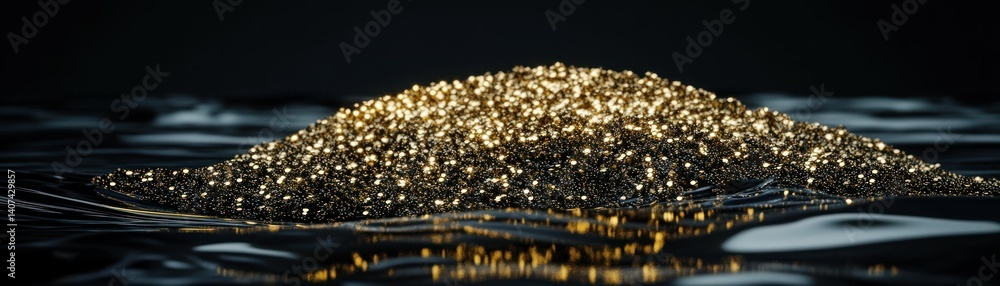 A collection of glittering particles floating on dark reflective water A collection of glittering particles floating on dark reflective water