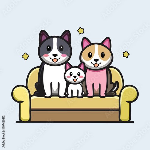 Dog Family Cartoon with Puppy, Mom and Dad, Sitting on a Couch
