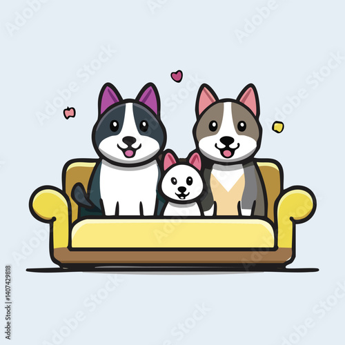 Dog Family Cartoon with Puppy, Mom and Dad, Sitting on a Couch