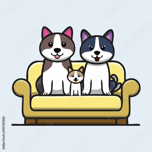 Dog Family Cartoon with Puppy, Mom and Dad, Sitting on a Couch