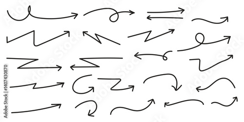 Collection of hand drawn curved arrow doodle style vector on white background. set of zigzag artistic arrow, directional arrow vector symbol