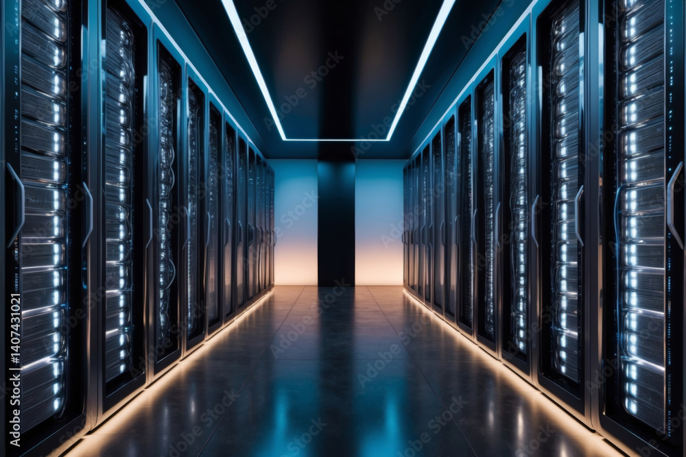 Fototapeta premium Data center with servers neatly arranged, illuminated by blue and orange lights in a hallway.