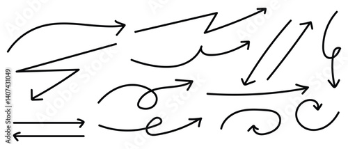 Collection of hand drawn curved arrow doodle style vector on white background. set of zigzag artistic arrow, directional arrow vector symbol