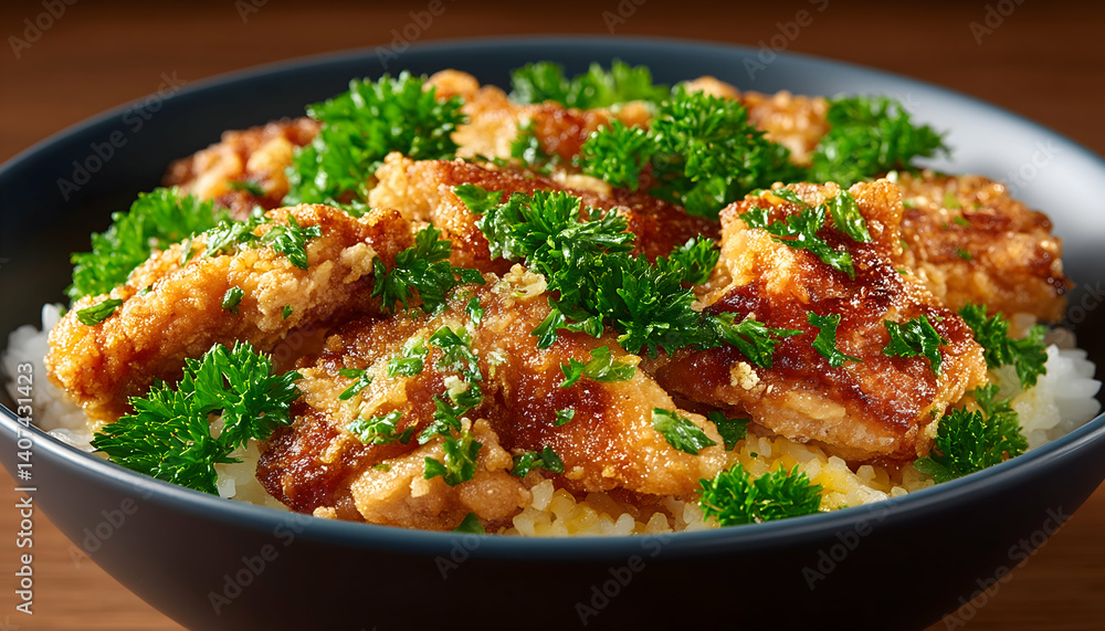 Crispy fried chicken pieces atop fluffy white rice, garnished with fresh parsley in a dark bowl Crispy fried chicken pieces atop fluffy white rice, garnished with fresh parsley in a dark bowl