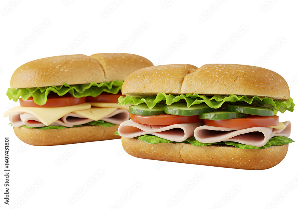 Fresh Gourmet Turkey Sandwiches with Crisp Veggies Isolated on PNG Background. Fresh Gourmet Turkey Sandwiches with Crisp Veggies Isolated on PNG Background.