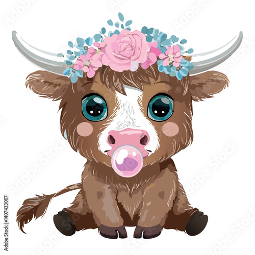 A cute baby Highland cow with a pink flower crown, blowing bubble gum