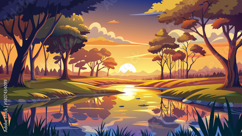Still water in a small pond reflects nearby trees and the golden light of sunset