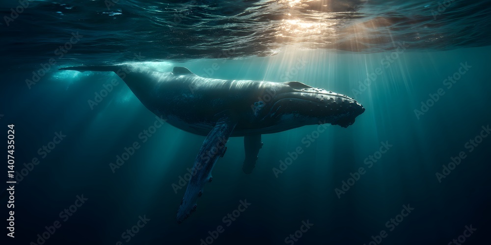 Fototapeta premium Whale wallpaper showing a majestic giant swimming beneath the ocean surface in glowing sunbeams.
