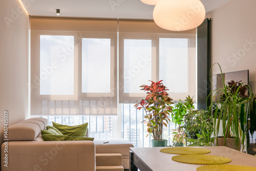 Motorized roller blinds cover large windows in a bright, cozy living room filled with indoor plants. Screen fabric for electric sun shades gently filters natural light. Smart home for shades.