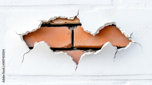 Close-up of a cracked concrete wall revealing brick, aged and imperfect texture