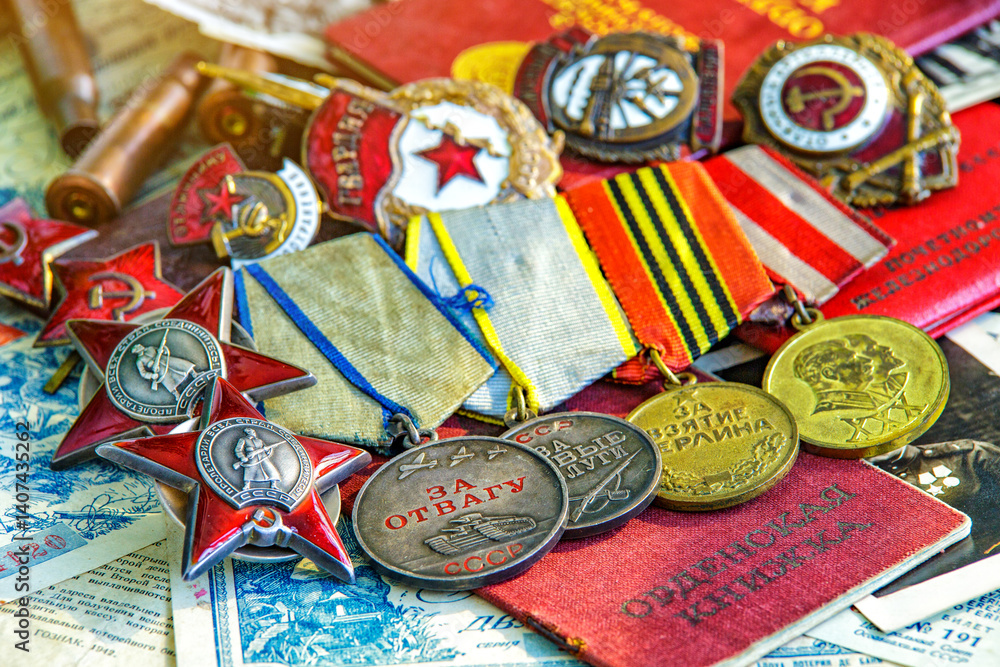 Obraz premium Awards of the Second world war close-up. Soviet military awards - Order Red Banner, Glory,the order of the Patriotic war,Order of the Red Star, Medal for Courage, Medal Battle Merit.