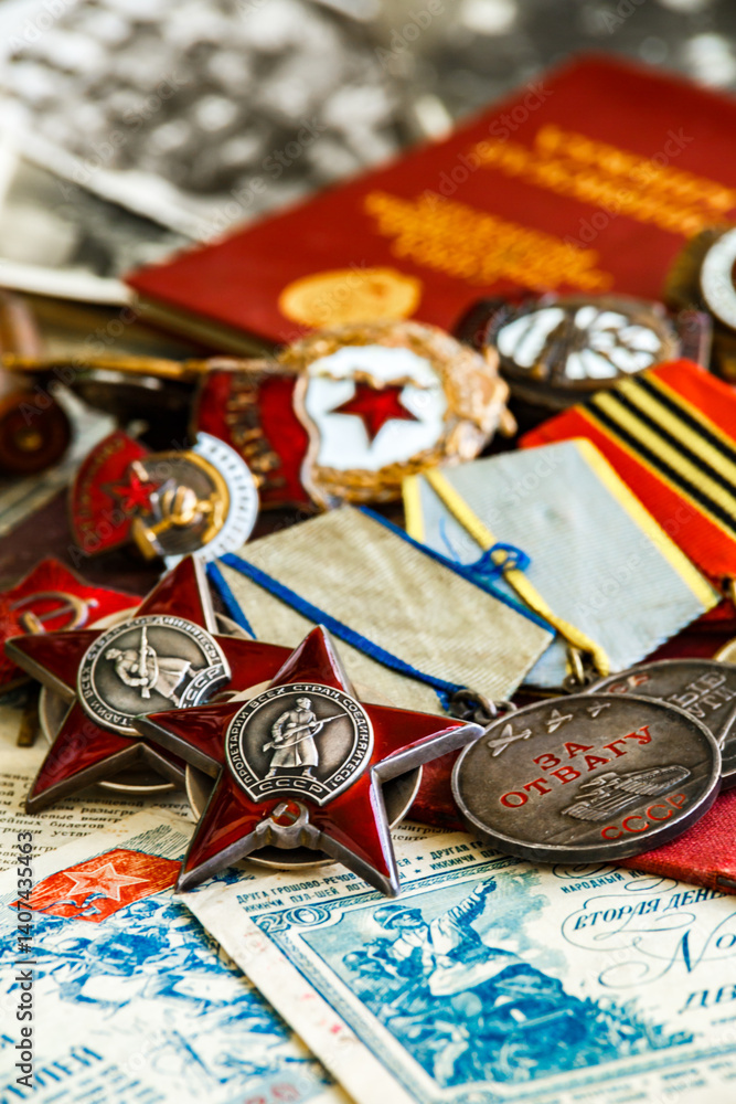 Obraz premium Awards of the Second world war close-up. Soviet military awards - Order Red Banner, Glory,the order of the Patriotic war,Order of the Red Star, Medal for Courage, Medal Battle Merit.