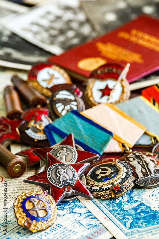 Fototapeta premium Awards of the Second world war close-up. Soviet military awards - Order Red Banner, Glory,the order of the Patriotic war,Order of the Red Star, Medal for Courage, Medal Battle Merit.