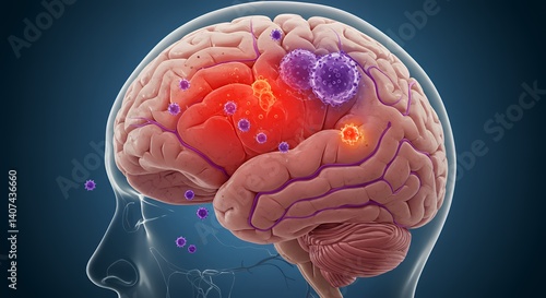 3D Medical Illustration Brain Infection Inflammation Red Purple Tones Detailed Anatomy Visualization