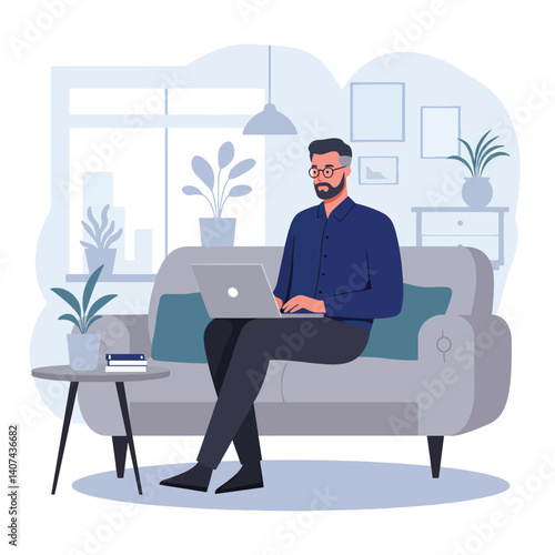 remote worker sitting on couch with laptop in flat modern vector