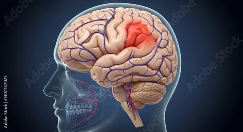 3D Medical Illustration of Cerebral Ischemia Showing Reduced Blood Flow in the Brain