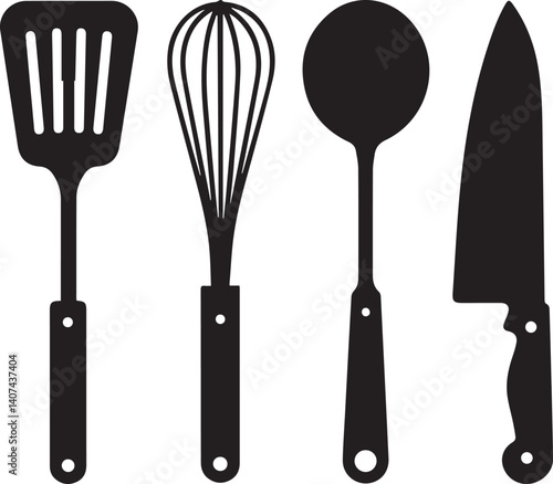 A vector clip art set of kitchen utensil silhouettes in black on a white background. The utensils include a spatula, whisk, ladle, and chef's knife. 