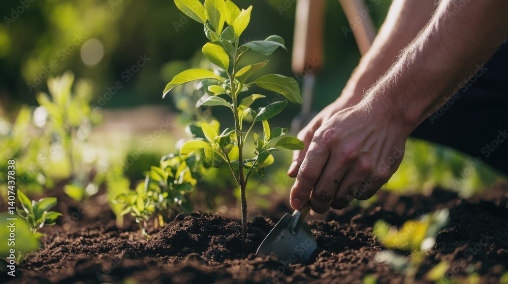 Fototapeta premium Landscaper planting tree sapling in urban park. Featuring care and sustainability