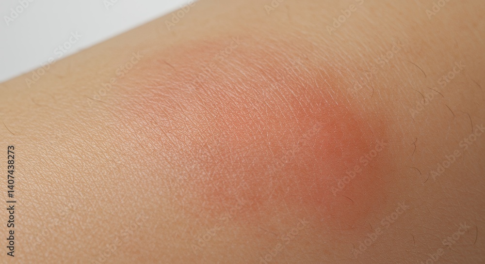 Close-up of Sunburned Skin Showing Reddish Pink Patch with Glistening Texture on Light Skin Tone Against Off White Background Close-up of Sunburned Skin Showing Reddish Pink Patch with Glistening Texture on Light Skin Tone Against Off White Background