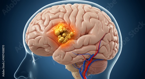 Detailed 3D Medical Illustration of a Brain Abscess with Intricate Blood Vessels
