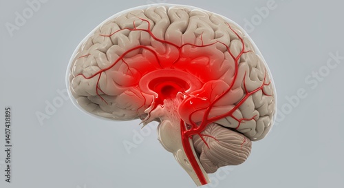 Detailed 3D Medical Illustration of a Brain Hemorrhage Showing Internal Bleeding and Vascular System