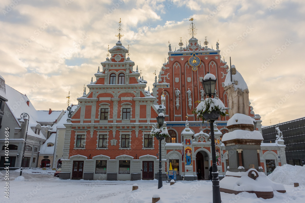 Riga, Latvia, 2 December 2023: Snowy streets of Riga historic center in winter