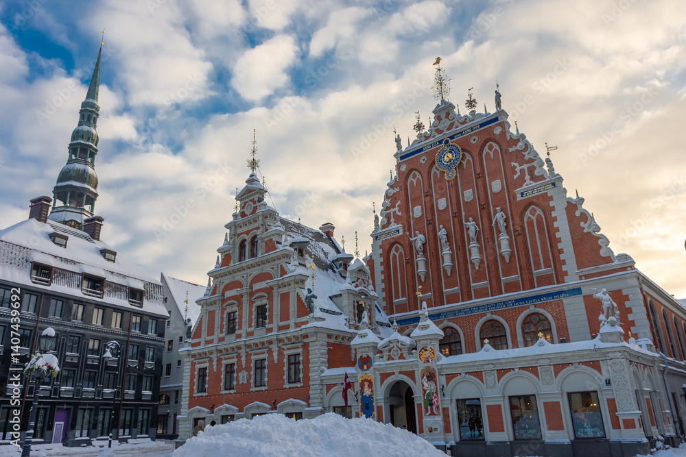 Riga, Latvia, 2 December 2023: Snowy streets of Riga historic center in winter