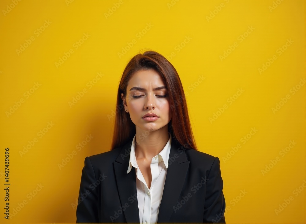 Woman with tan skin and straight hair, wearing a business suit, expressing depression, standing in front of a yellow background, illuminated by studio lights. Mockup. Woman with tan skin and straight hair, wearing a business suit, expressing depression, standing in front of a yellow background, illuminated by studio lights. Mockup.