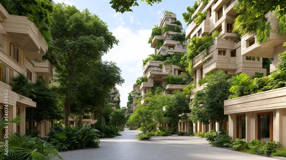A narrow street lined with tall, green buildings A narrow street lined with tall, green buildings