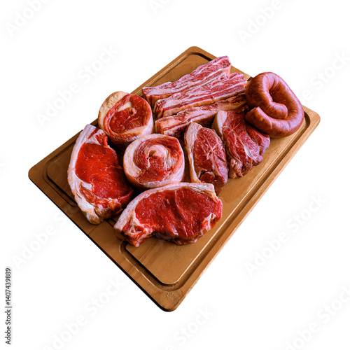 Raw Meat Cuts on Wooden Board for Barbecue – Isolated Background