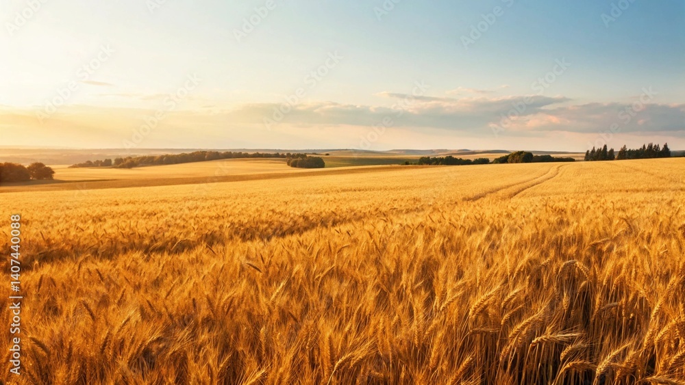Obraz premium A vast field of ripe, golden wheat stretches under a clear blue sky with soft, wispy clouds, suggesting a bountiful harvest