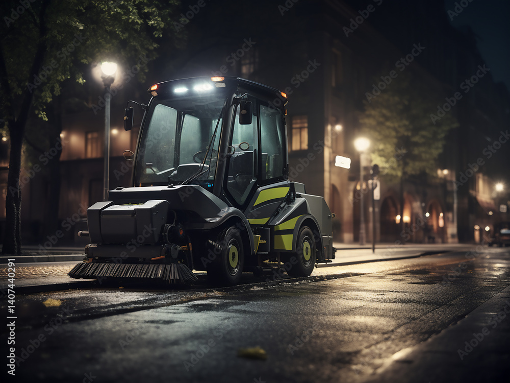 Early morning worker machine running softly pavement clearing dust settling fresh start forming Early morning worker machine running softly pavement clearing dust settling fresh start forming