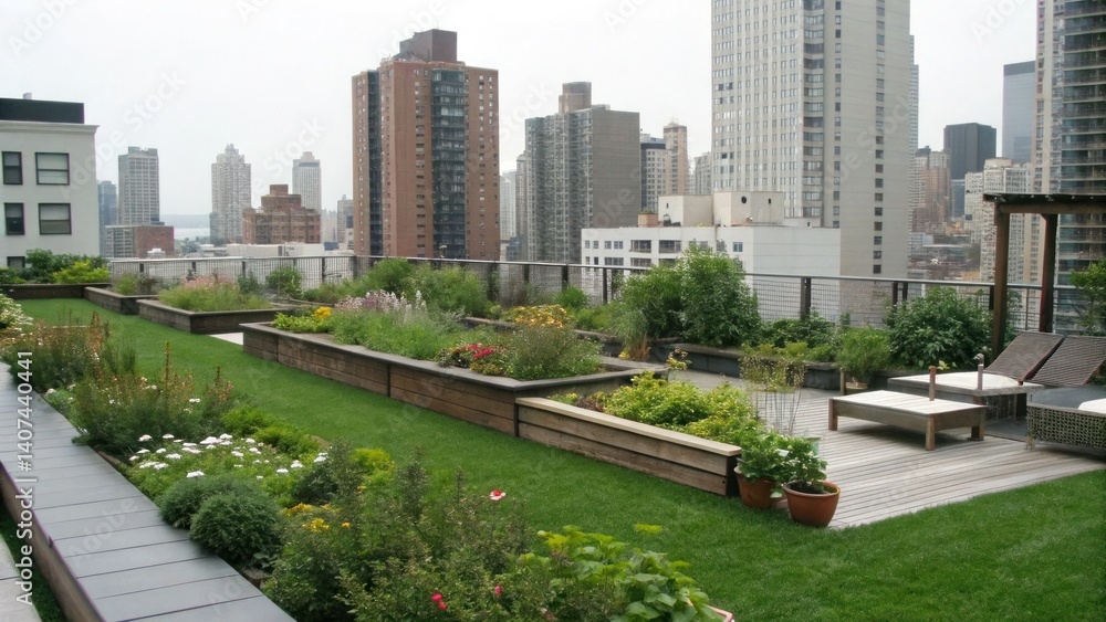 Fototapeta premium A vibrant rooftop garden with greenery and flowers overlooks a city skyline, blending urban life with nature.
