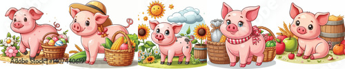Funny collection of farm animal pictures pigs in cartoon style on white background