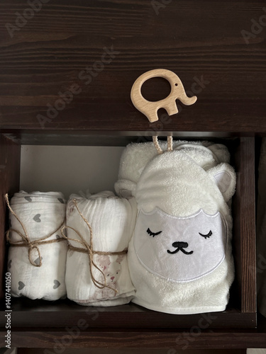 Obraz na płótnie Muslin diapers, a white terry towel in the drawer of the bedside table. A wooden elephant teether is lying on the bedside table. Children's minimalistic accessories for a newborn w salonie