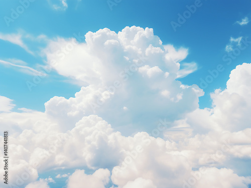 White puffy summer clouds float high in the sky on a warm sunny day