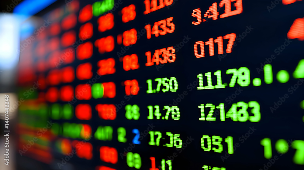 Close-up of a digital screen showing live stock price movements, pie charts, and market data, with copy space Close-up of a digital screen showing live stock price movements, pie charts, and market data, with copy space