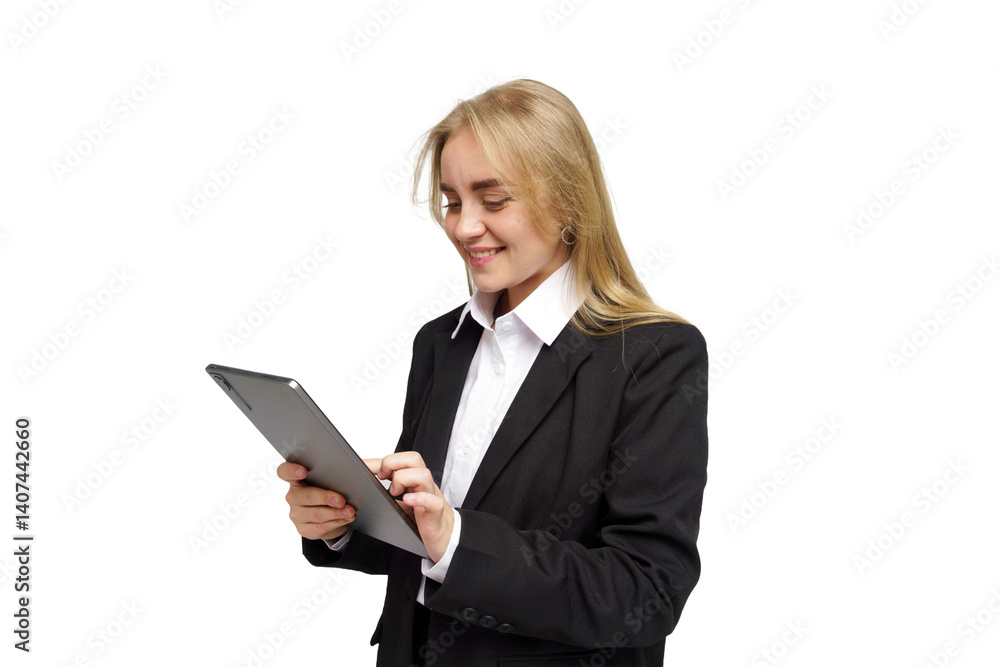 Business Professional Engages With a Tablet, Showcasing Modern Technology and Entrepreneurship in a Bright Setting Business Professional Engages With a Tablet, Showcasing Modern Technology and Entrepreneurship in a Bright Setting