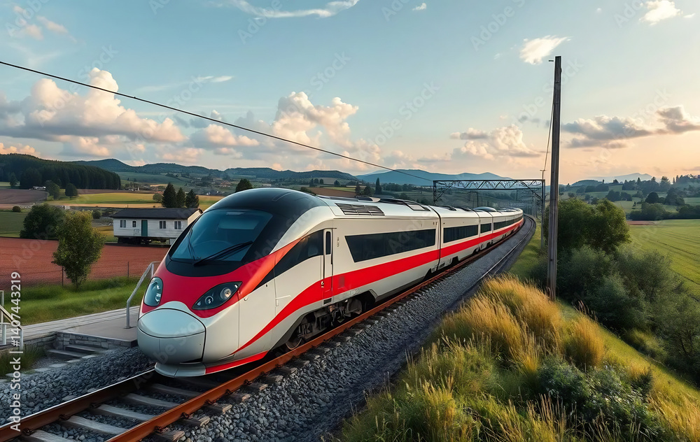 Fototapeta premium A High-Speed Train Passing Through a Rural Landscape