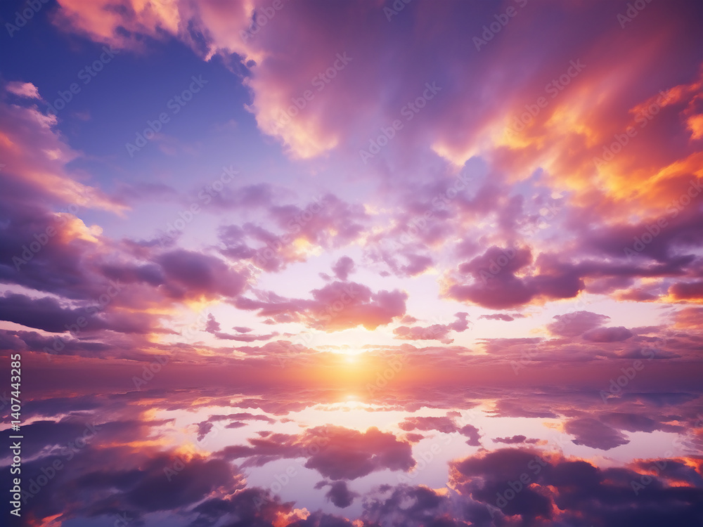 Majestic sunset with orange clouds and a purple backdrop stretching across the sky Majestic sunset with orange clouds and a purple backdrop stretching across the sky