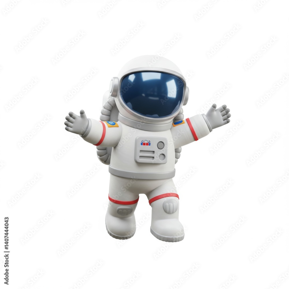 Cute astronaut character in spacesuit greeting with open arms in space exploration theme Cute astronaut character in spacesuit greeting with open arms in space exploration theme