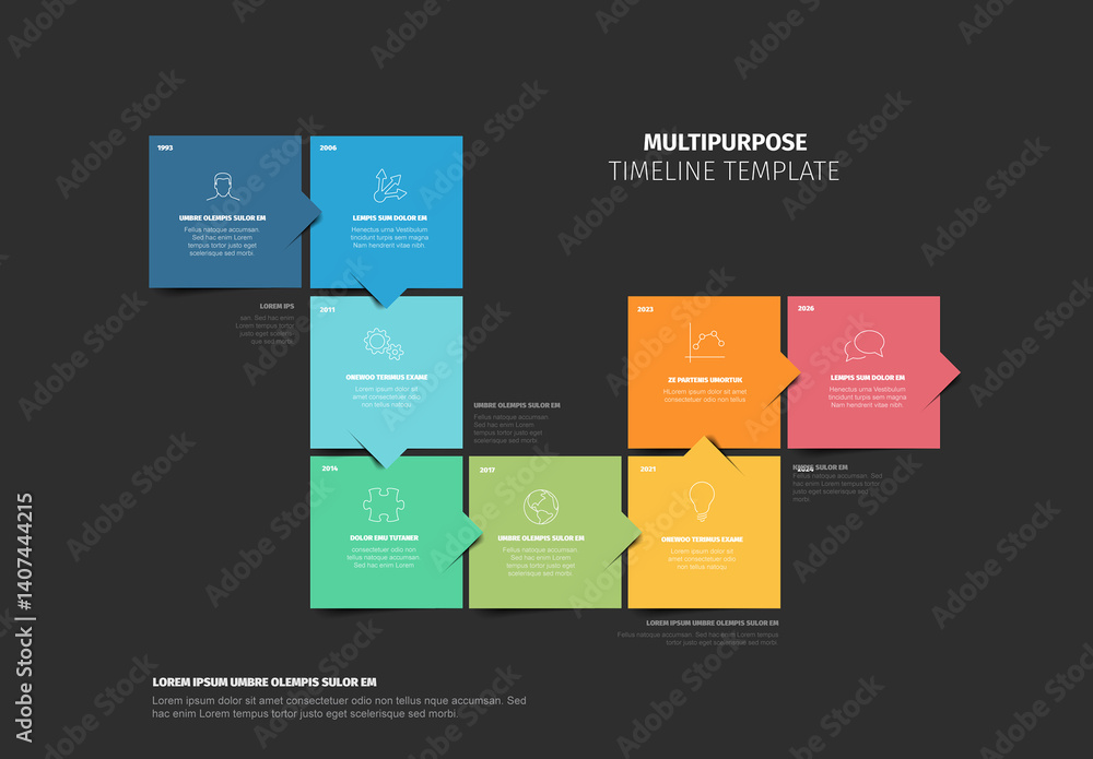 Colorful Multipurpose Timeline Template Design made from square blocks on black background
