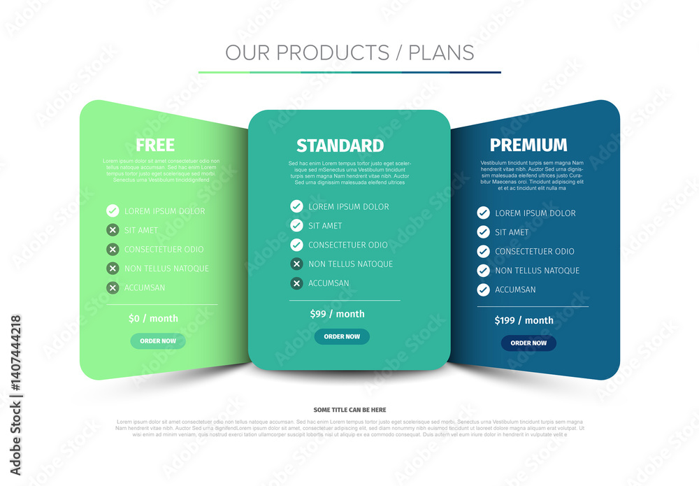 Pricing Table for Free, Standard, and Premium Plans on blue green panels and white background