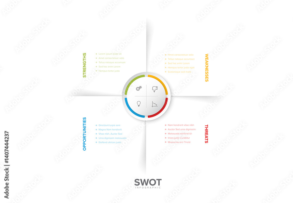 SWOT Analysis Infographic Template utlines strengths, weaknesses, opportunities, and threats