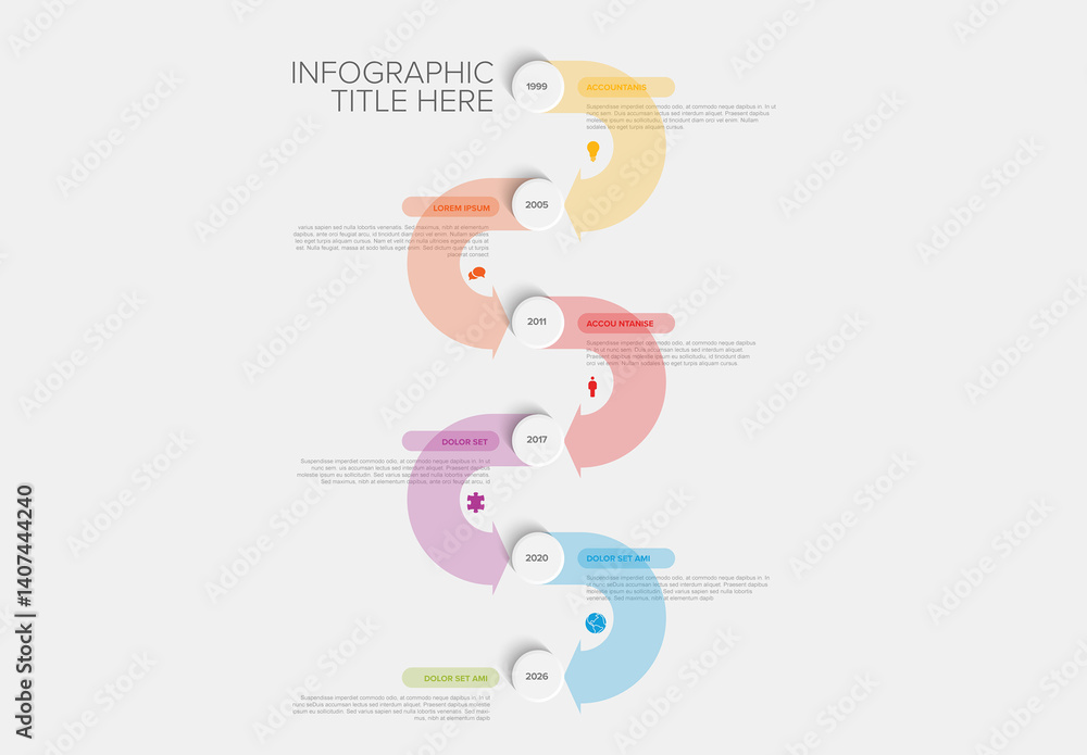 Colorful Timeline Infographic with Milestones and Circular arrows, icons, and text
