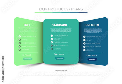Obraz na płótnie Pricing Table for Free, Standard, and Premium Plans on blue green panels and white background w salonie