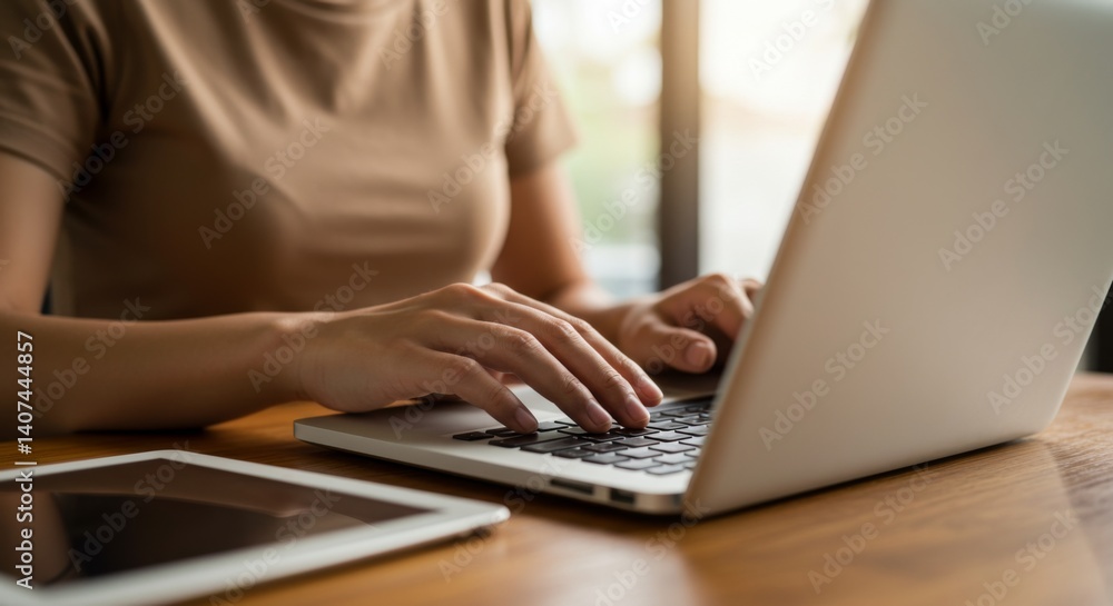 Focused professional typing on laptop with tablet on desk in modern workspace Focused professional typing on laptop with tablet on desk in modern workspace