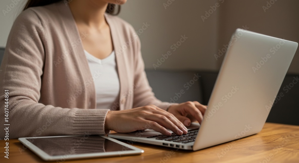 Naklejka premium Woman working on laptop and tablet with focused productivity in a cozy environment